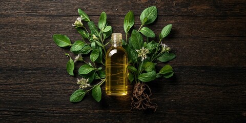 Essential oil in a bottle surrounded by lovage plant parts on dark wooden background, emphasizing natural medicine preparation, Earth Day