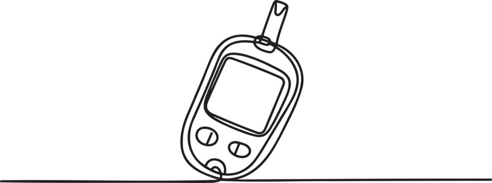 Continuous line drawing of a blood glucose meter on grey background