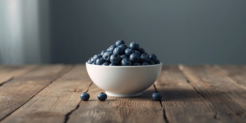 Blueberries in a white bowl placed on a wooden surface, natural snack presentation