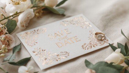 Wedding save the date card featuring stylish script and formal layout, wedding planning material