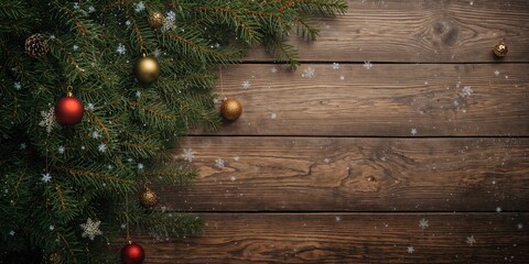 Christmas-themed fir branches with ornaments on rustic wood, holiday decor background