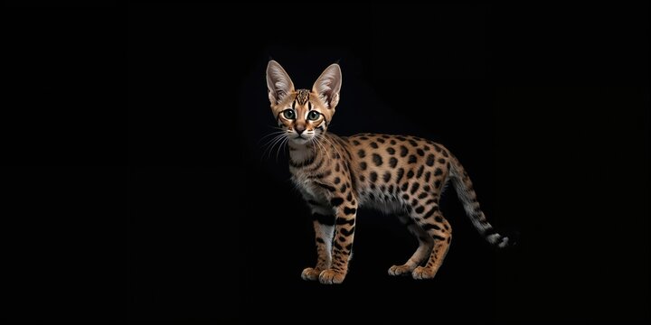 Serval cat in studio setting with black backdrop, highlighting its distinctive markings and attentive stance