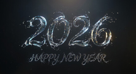 2026 Happy New Year Water Splash Calligraphy. Dynamic 3D Render with Liquid Droplets on Dark Background.