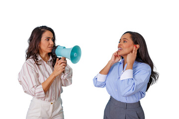 Woman shouting into a megaphone at another woman closing ears refusing to listen to loud negative communication