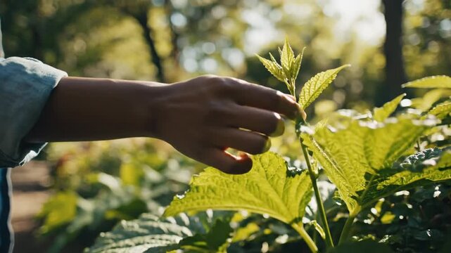 Woman gently touching young plant in a garden. Farming, growth, and sustainable agriculture concept. Earth care day.
