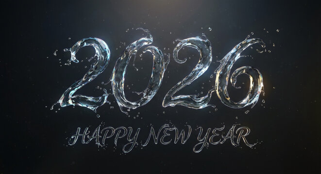 2026 Happy New Year Water Splash Calligraphy. Dynamic 3D Render with Liquid Droplets on Dark Background.