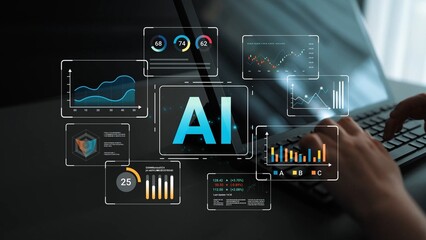 Modern Workspace with AI Graphics and Data Analytics Interface Displayed on Screen by a User Engaged in Digital Technology and Analysis Gluon.
