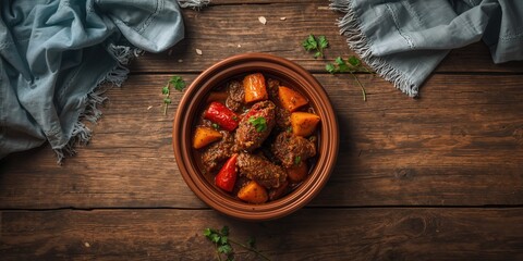 Moroccan lamb stew with pumpkin and red pepper, highlighting hearty, slow-cooked flavors in a rustic setting