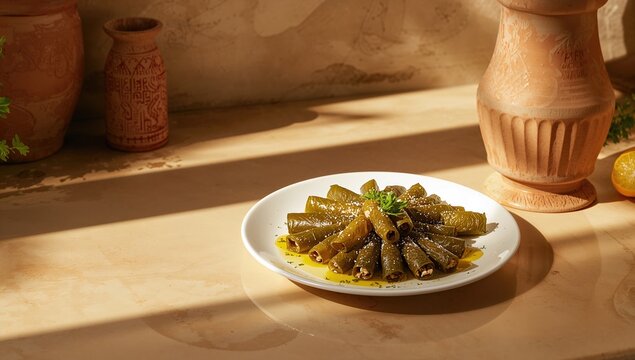 Grape leaves stuffed with rice and herbs, designed for culinary presentation and flavor infusion
