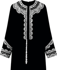 Black long sleeve dress with white embroidery on the front and sleeves