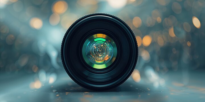Macro view of a camera lens front with vibrant light reflections, emphasizing optical quality or equipment care