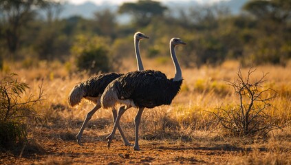Naklejka premium African ostriches moving across the enclosure, highlighting wildlife management