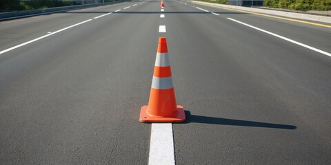 Vehicle training area with painted lane markings and a traffic cone, driver education setting