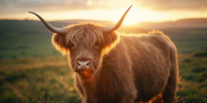 Highland cattle resting in a grassy field during evening light, highlighting pastoral environment