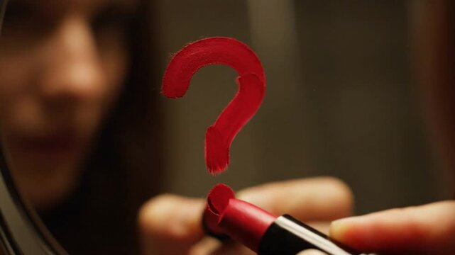 Woman draws red question mark with lipstick on mirror reflection