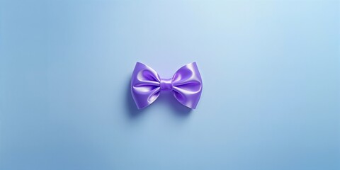 Single violet ribbon bow on pastel blue backdrop serving as a craft embellishment