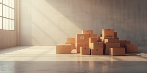 Multiple cardboard boxes stacked in a shipping area, focusing on inventory management