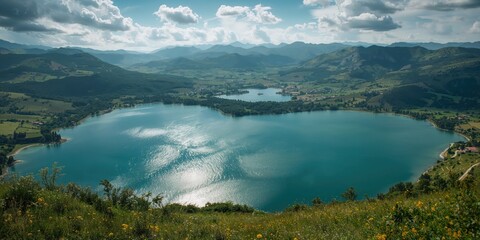 Obraz premium Lake Scannos heart shape from above in Abruzzo, seasonal erosion patterns, Earth Day