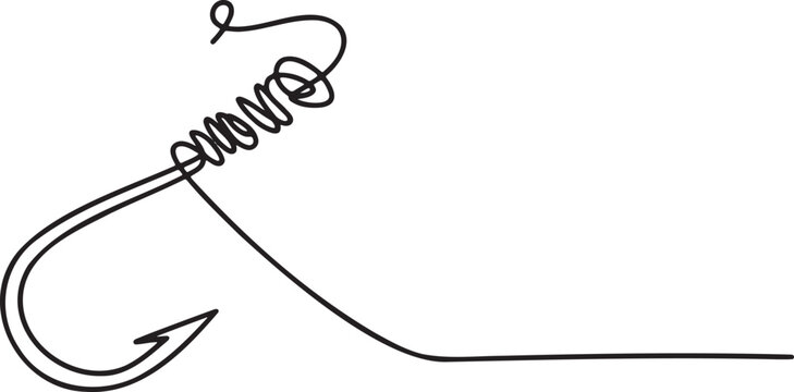 Fishing hook continuous line drawing vector illustration isolated on transparent background for fishing and outdoor activities