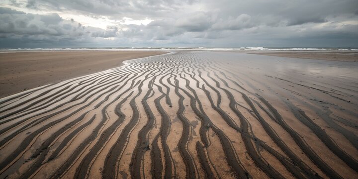 Dark mineral streaks on the sandy shoreline at Gantheaume Point as the tide recedes in a cloudy summer afternoon, erosion risk
