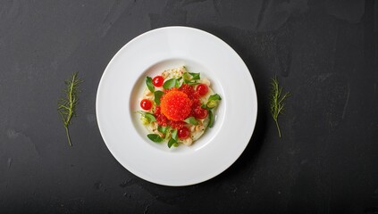 Salad topped with red caviar in a creative kitchen setting, emphasizing food decoration techniques