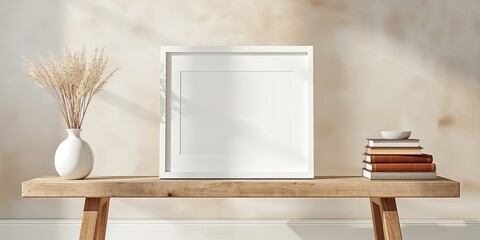 Modern white vase with dried grass and books placed on a wooden surface, interior setting for background or decor use