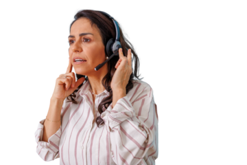 Woman wearing headset working in customer service, providing online remote support, telemarketing, and virtual assistance on transparent background