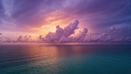 Colorful sunset sky with purple clouds over the sea highlights atmospheric conditions