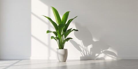 Indoor tropical houseplant with expansive green foliage in concrete container, focusing on home gardening aesthetics against white wall with sunlight, National Gardening Week