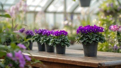 Multiple violet flower pots placed outdoors, gardening tools and plant care activities