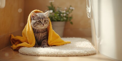 Wet gray tabby cat with a towel around its head, highlighting pet cleaning routines and animal care