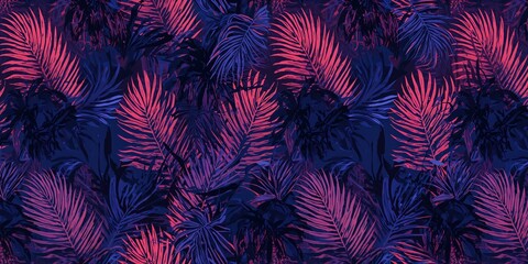 High-quality tropical sunset gradient background featuring navy blue foliage in a seamless pattern, suitable for swimwear or resort apparel prints