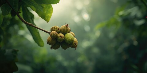 Obraz premium Decayed Noni fruit on the branch, showing signs of spoilage and aging
