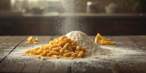 A food display featuring wheat and macaroni, highlighting staple ingredients in meal preparation