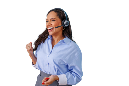 Happy customer service agent celebrating success, providing support, smiling woman with headset and transparent background - Powered by Adobe