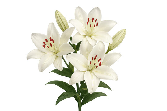 White easter lily flowers bouquet illustration with green leaves, bud, and red stamens, on transparent background