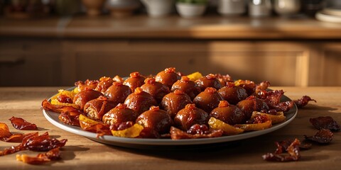 Small roasted meat rolls topped with dried fruit and bacon, highlighting preparation techniques and flavor combinations