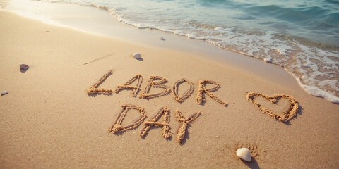 Fototapeta premium Labor Day message inscribed in sand at the beach, holiday observance