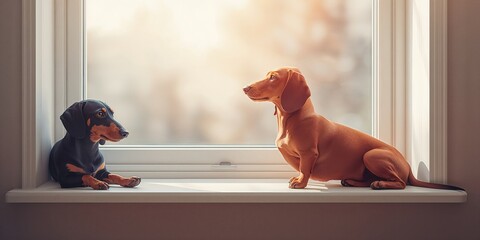 Minimalist watercolor image showing two smooth-haired dachshunds, one with black and tan paws on a window ledge and a shaded red dog on a modern window bench, highlighting pet relaxation