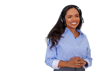 Smiling woman working as customer service representative, wearing headset and microphone, on transparent background