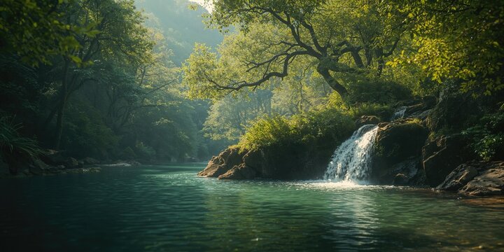 Flowing water over a small waterfall in Galicia, suitable for nature landscape backgrounds