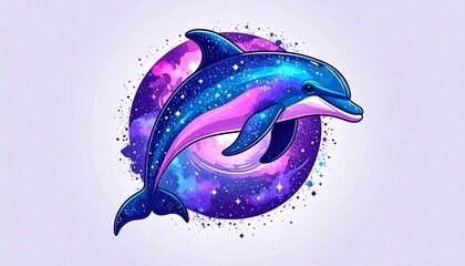 Cosmic dolphin with celestial body on a pastel purple background