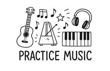 Obraz premium Black and white music practice elements: guitar, metronome, keyboard, headphones, notes
