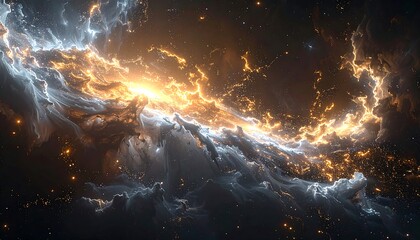 Cosmic dust clouds illuminated, with celestial light across dark space