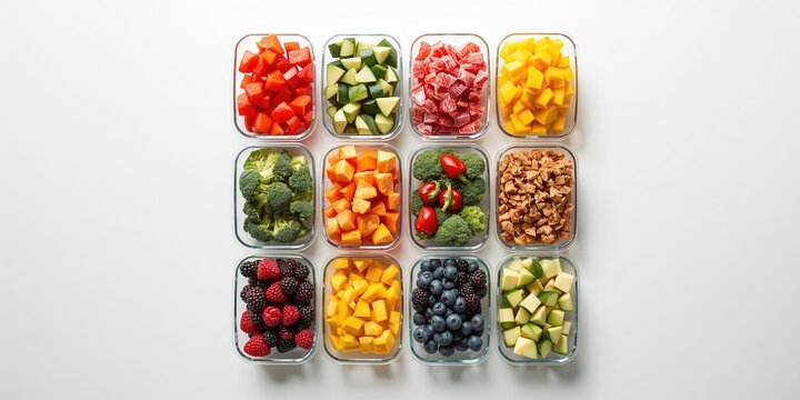 Chopped vegetables and fruits stored in plastic containers on a white background, suitable for meal organization