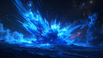 Cosmic eruption of vibrant blue energy bursts across a star-filled sky