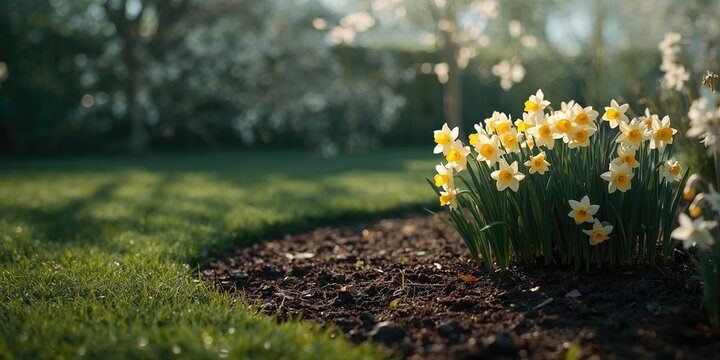 Bright spring Narcissus flowers growing in a cultivated flower bed, natural floral display background