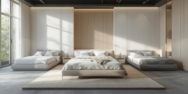 Contemporary bedroom setup featuring beds with mattresses and pillows for interior design visualization