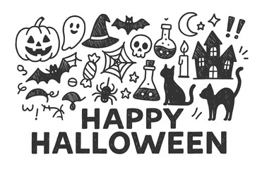 Obraz premium Halloween icons: pumpkins, ghosts, cats, spiders, and haunted houses