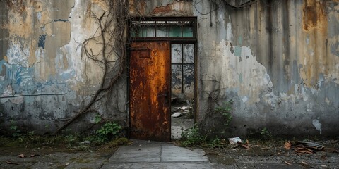 Rusty door and wall at an abandoned building entrance, decay and neglect, urban deterioration